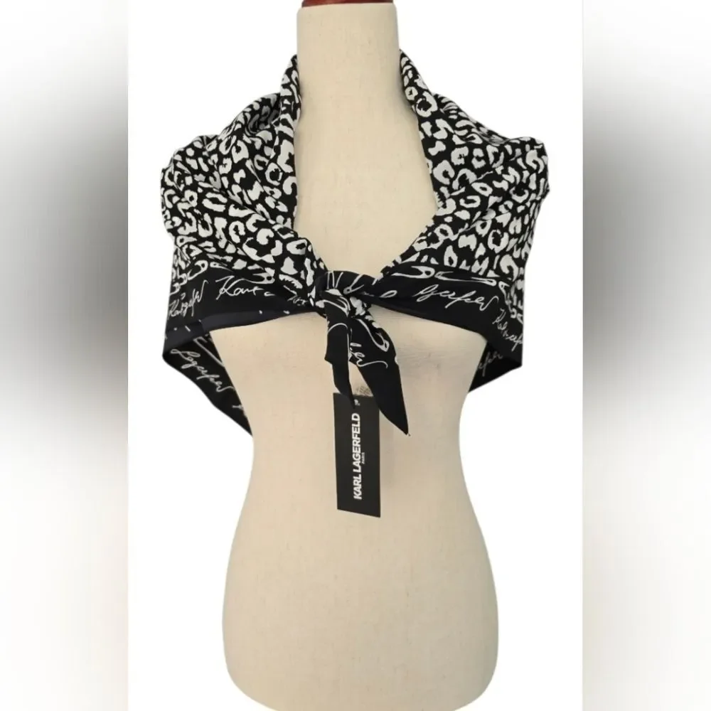 Karl Lagerfeld Black and White Leopard Print Silk Scarf